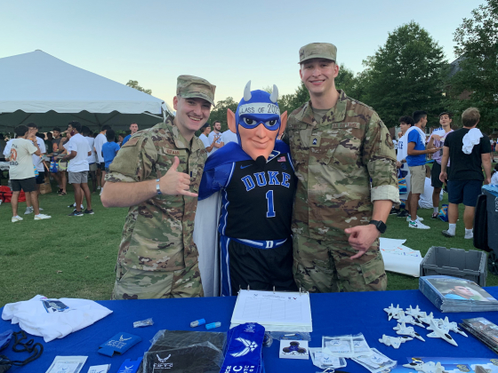 two cadets with blue devil mascot